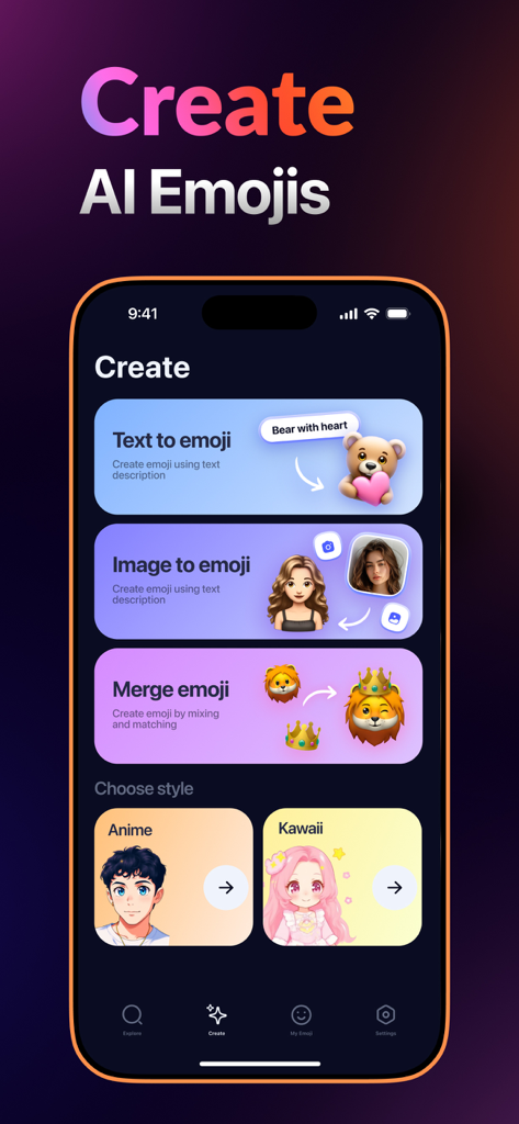 Interface of Gmoji app showing options to create AI emojis from text images or by merging characters