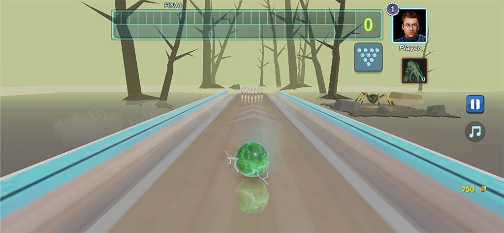 3D Bowling - My Bowling Games - Una palla da bowling verde luminosa che rotola lungo una pista in un ambiente di foresta nebbiosa nell'app mobile 3D Bowling.