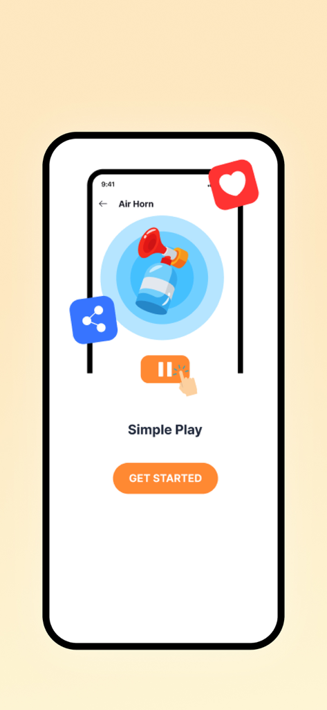 SoundJoy app interface showing an air horn sound effect icon and a get started button
