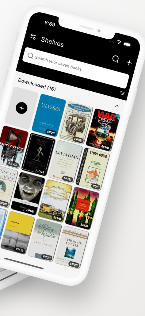 Interfaz de la aplicación Grook que muestra una biblioteca digital con varias portadas de eBooks organizadas en estantes