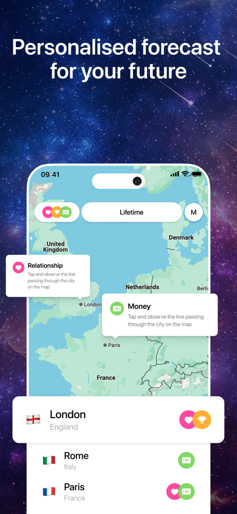 Linea: Astrocartography zodiac - Eine mobile App-Oberfläche, die eine Karte von Europa mit personalisierten astrologischen Indikatoren für Liebe und Geld in Städten wie London und Paris zeigt
