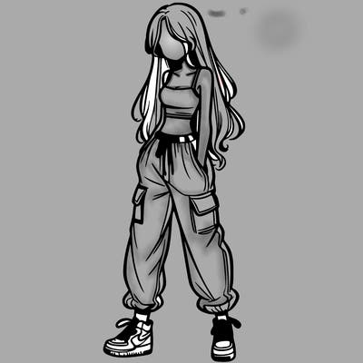 girl in baggy pants crop top and long hair