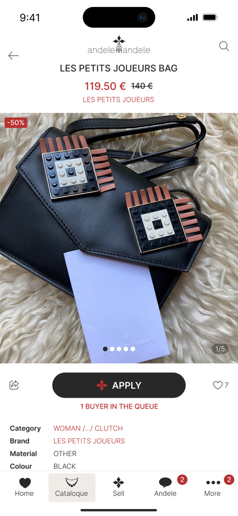 Product page in the Andele Mandele app featuring a Les Petits Joueurs designer clutch bag at a discounted price.