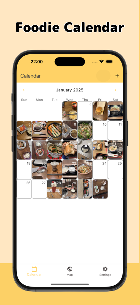 Food Diary - Food Memories - Uma tela de smartphone mostrando o recurso Calendário Gourmet com uma grade mensal de fotos de refeições pessoais.