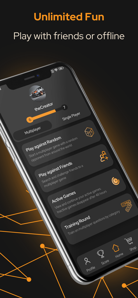 Tela do menu multiplayer do aplicativo Car Quiz Plus mostrando opções para jogar contra amigos ou oponentes aleatórios