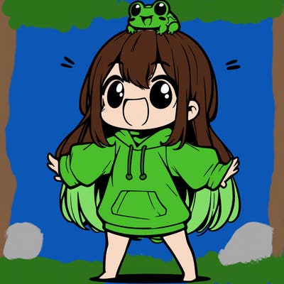 a excited chibi girl whith long hair and a baggy shirt whith a frog on there head