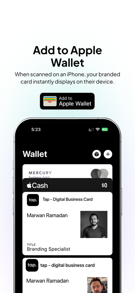Tap - Digital Business Card - A Tap digital business card displayed inside the Apple Wallet app on an iPhone.