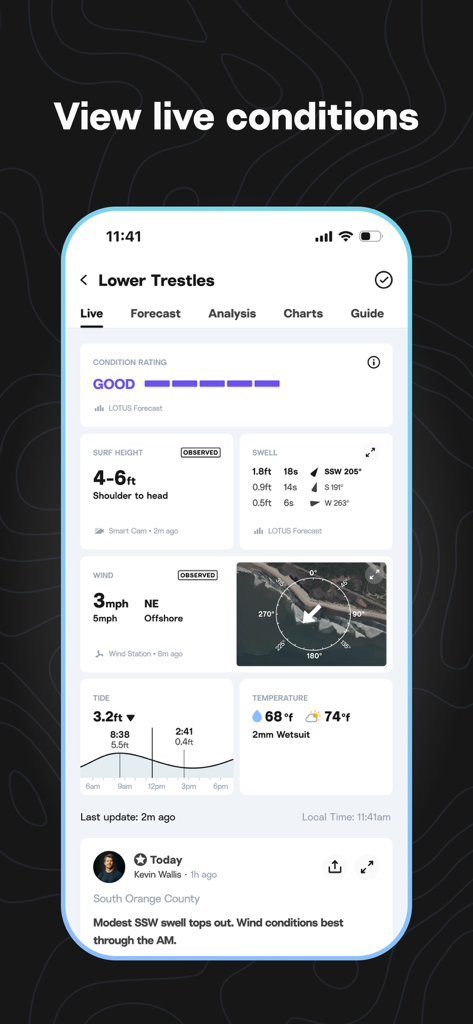 Surfline: Wave & Surf Reports - Surfline app screen showing live wave height wind tide and temperature data for Lower Trestles