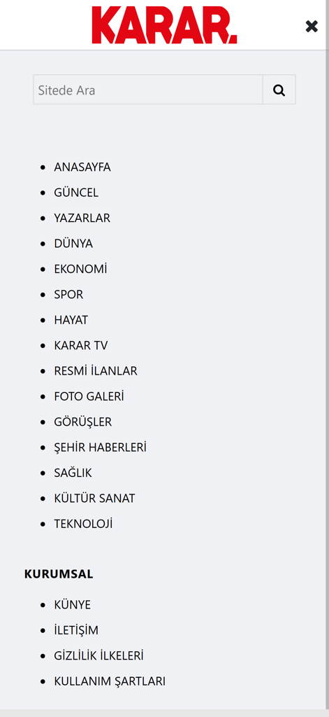 Karar - Mobile navigation menu for the Karar news app listing various news categories and a search bar in Turkish