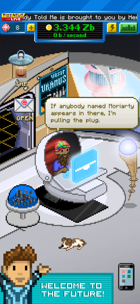 Un personnage en pixel art minant des bitcoins dans un bureau futuriste avec un écran holographique et un compagnon canin.