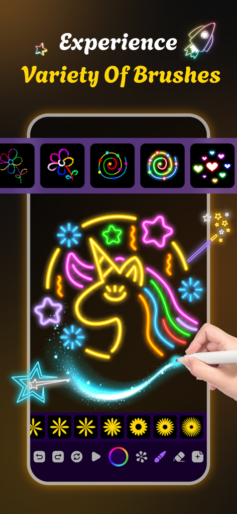 Neon Lines: Magical Drawing - Una pantalla de teléfono inteligente que muestra un dibujo de unicornio de neón brillante con varias opciones de pincel en la aplicación Neon Lines