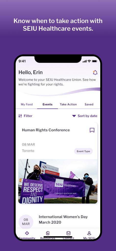 SEIU Healthcare - SEIU Healthcare mobile app screen showing a list of union events including a Human Rights Conference and International Womens Day March