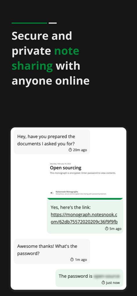 Notesnook: Private note taking - Interfaz de la aplicación Notesnook que demuestra el intercambio de notas seguro y privado a través de un enlace de monografía cifrada.