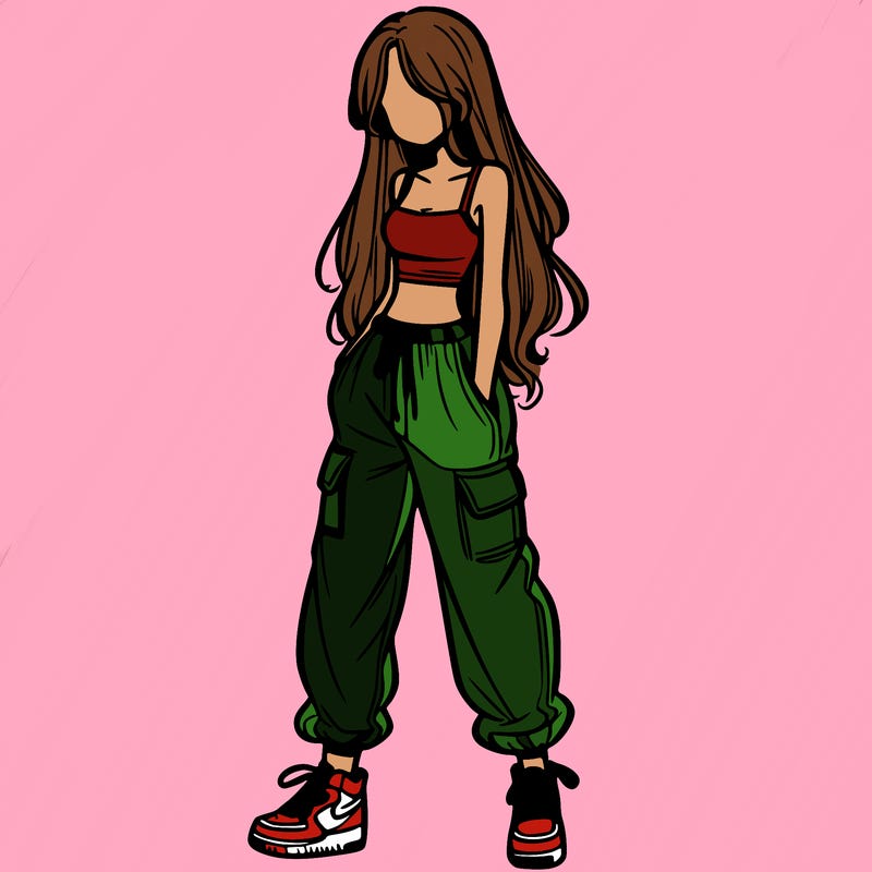 girl in baggy pants crop top and long hair