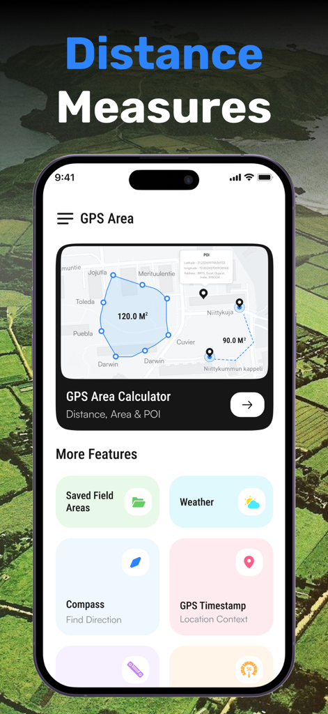 GPS Field Area Measurement - 地図ツールと土地測量機能が表示されたGPSフィールド面積測定アプリのインターフェース