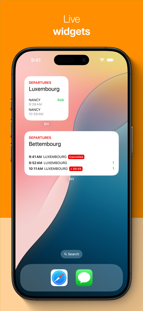 BH-Zugfahrplan-App mit Live-Widgets auf dem Startbildschirm eines iPhones