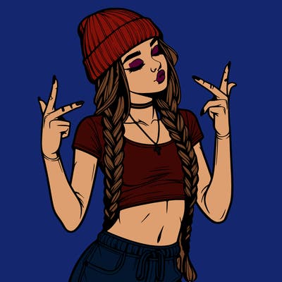 realistic teenage girl with braids and a beanie and crop top doing 🫶🏼