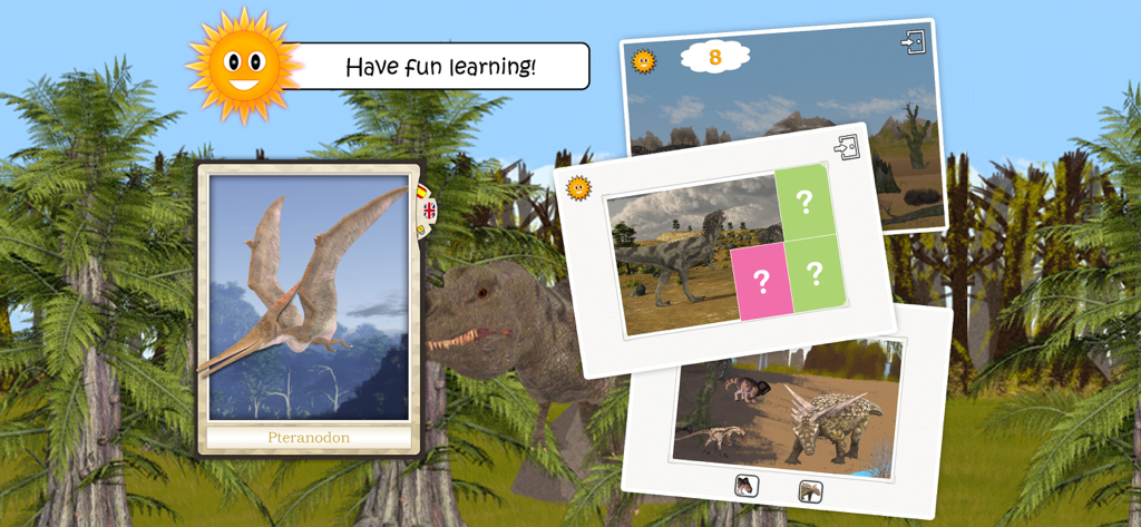 Dinosaurs (full game) - Un collage de pantallas de un juego educativo de dinosaurios que muestra un T-Rex, una tarjeta de Pteranodon y rompecabezas de aprendizaje interactivos.