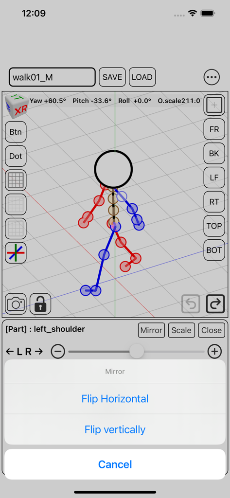 Stick Figure 3D Pose - Interfaccia dell'app Stick Figure 3D Pose che mostra uno stick figure in posa di camminata con il menu specchio e capovolgimento aperto.