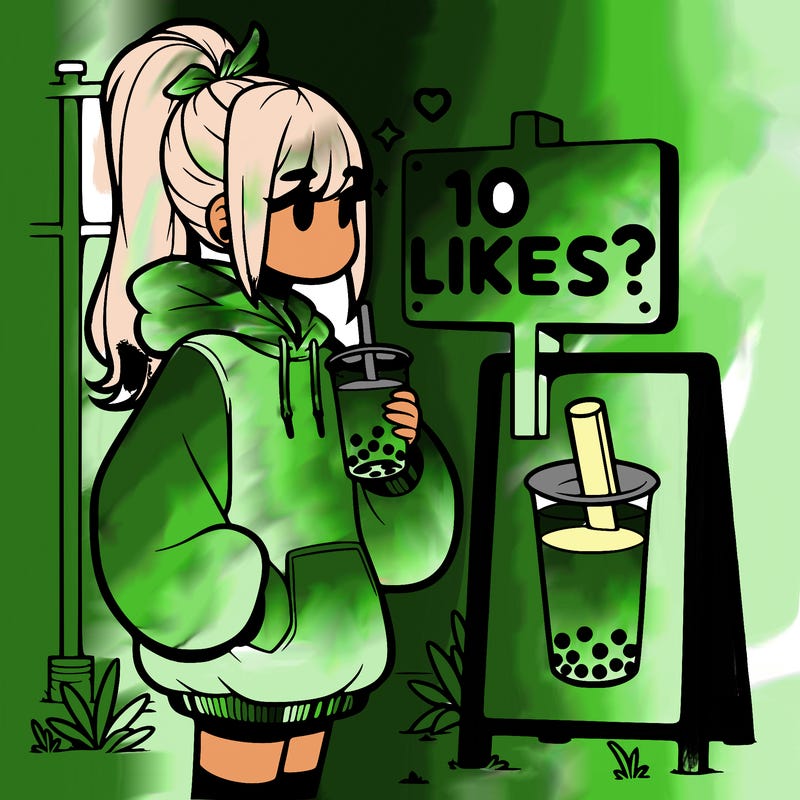 girl with oversized hoodie drinking boba and she has a high ponytail with a sign that says 10likes?
