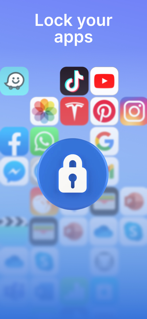 Calculator Vault Private Photo - White padlock icon displayed over blurred social media apps with text saying Lock your apps