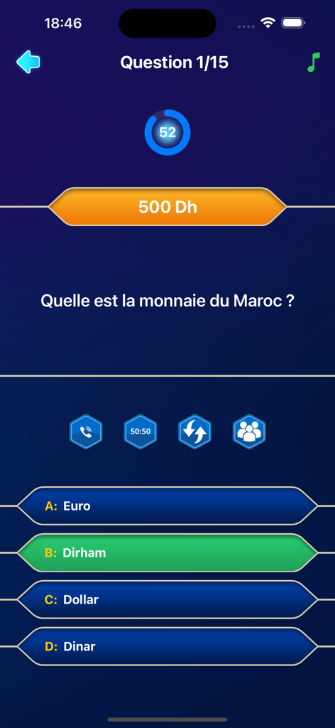 モロッコの通貨に関する雑学問題と、正解のディルハムが緑色でハイライトされたMaroc Quizインターフェースを表示