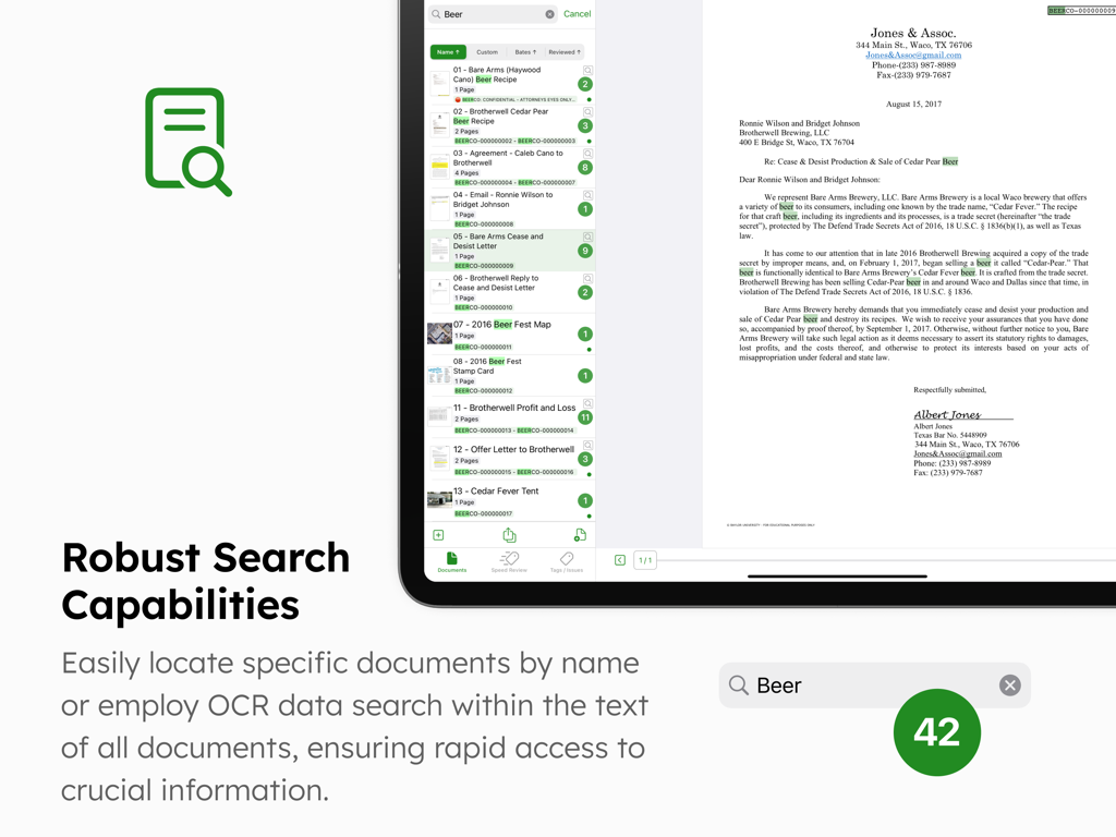 DocReviewPad - Review Docs - DocReviewPad app interface on an iPad showing the robust search and OCR capabilities for legal document review.