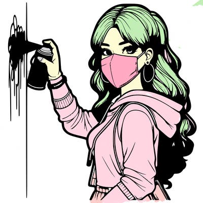 realistic girl with mask spray painting a wall