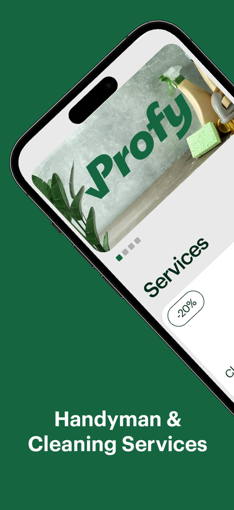 iPhone screen displaying the Profy app interface for handyman and cleaning services