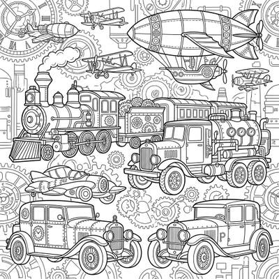 Embark on a creative journey with our Steampunk Vehicles coloring page, featuring a fantastical collection of trains, airships, and classic cars re-imagined with intricate gears and steam-powered details. This unique design offers a thrilling blend of retro-futuristic charm and mechanical wonder, perfect for coloring enthusiasts of all ages.