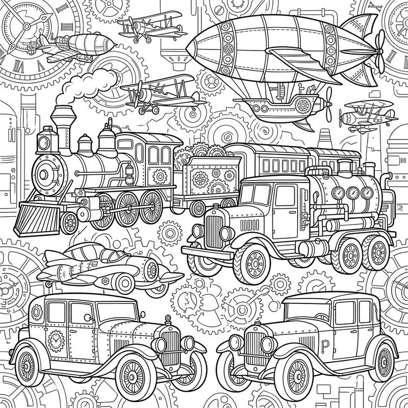 Embark on a creative journey with our Steampunk Vehicles coloring page, featuring a fantastical collection of trains, airships, and classic cars re-imagined with intricate gears and steam-powered details. This unique design offers a thrilling blend of retro-futuristic charm and mechanical wonder, perfect for coloring enthusiasts of all ages.