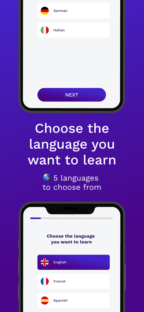 Synthi AI - A mobile interface for the Synthi AI app showing a list of languages to learn including English, French, Spanish, German, and Italian.