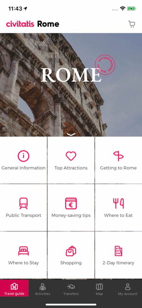 Rome Guide by Civitatis.com - Pantalla de inicio de la aplicación Guía de Roma de Civitatis con categorías de viaje y el Coliseo