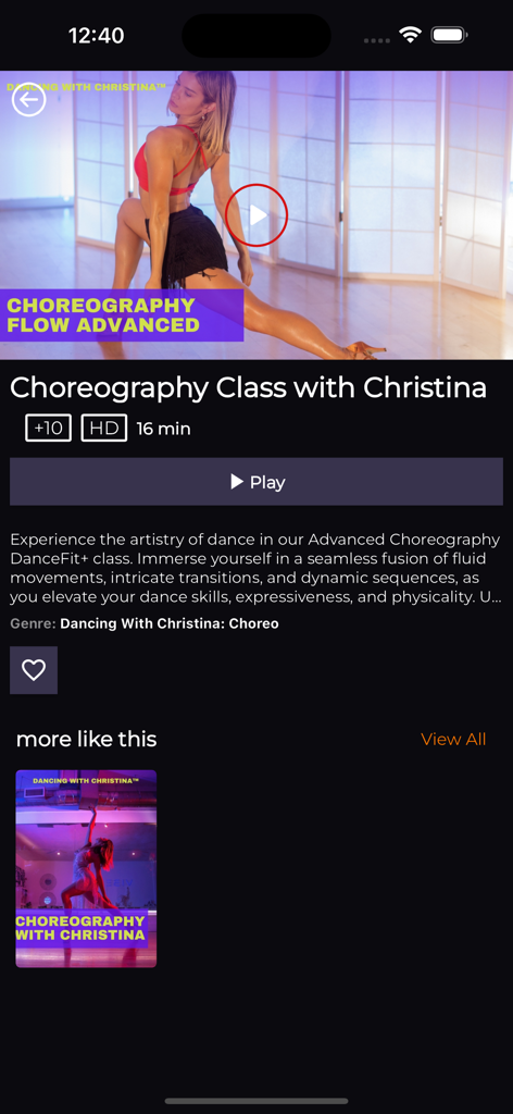 DanceFit+: Dance & Fun Workout - Interface of the DanceFit plus app showing an advanced choreography class with instructor Christina Androsenko.