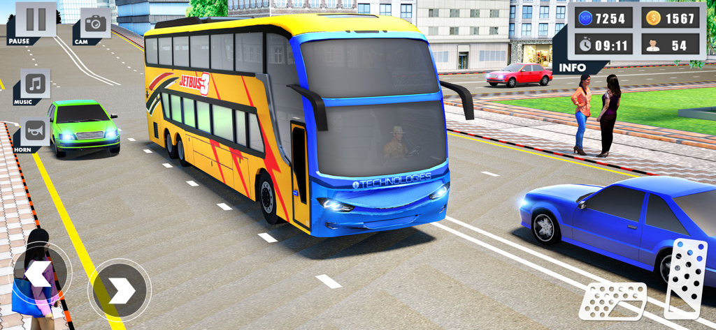 Coach Bus Simulator Game 2023 - Un autobús de dos pisos amarillo y azul conduciendo por una calle de la ciudad en Coach Bus Simulator 2023