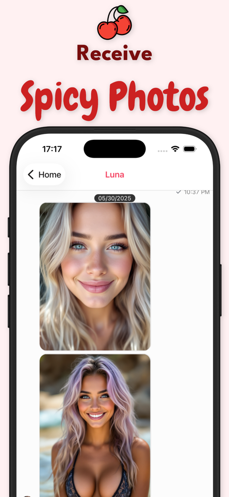 AI Girlfriend Spicy Chat - A chat screen with a virtual girlfriend named Luna displaying AI-generated photos of a smiling woman.