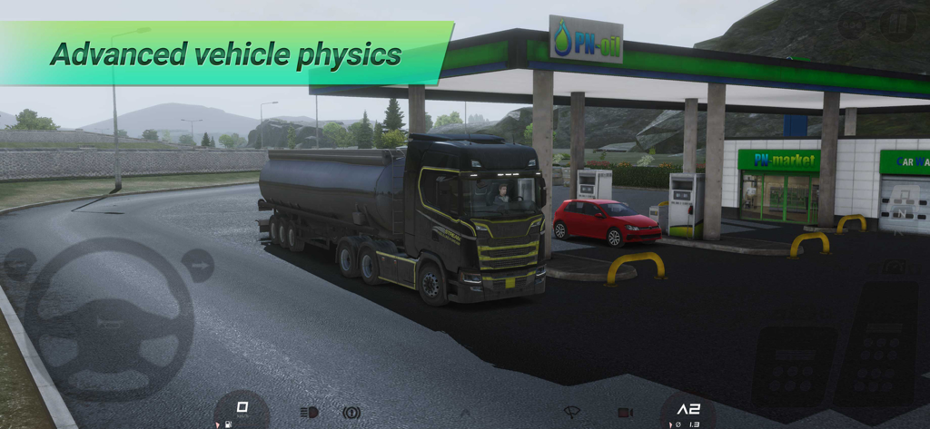 A black semi truck with a tanker trailer at a gas station in Truckers of Europe 3 showcasing advanced vehicle physics.