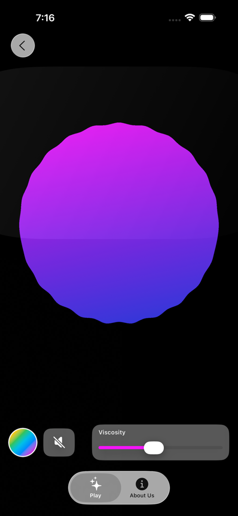 Sensory Slimes - Interface de Sensory Slimes montrant un slime violet numérique avec des contrôles de viscosité et de son