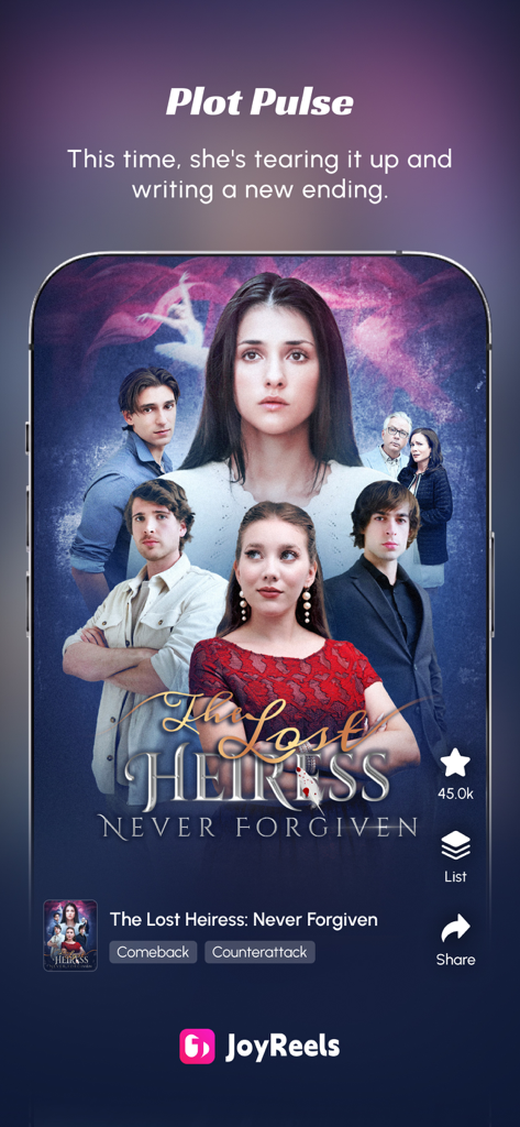 Promotional poster for The Lost Heiress drama on the JoyReels mobile app interface.