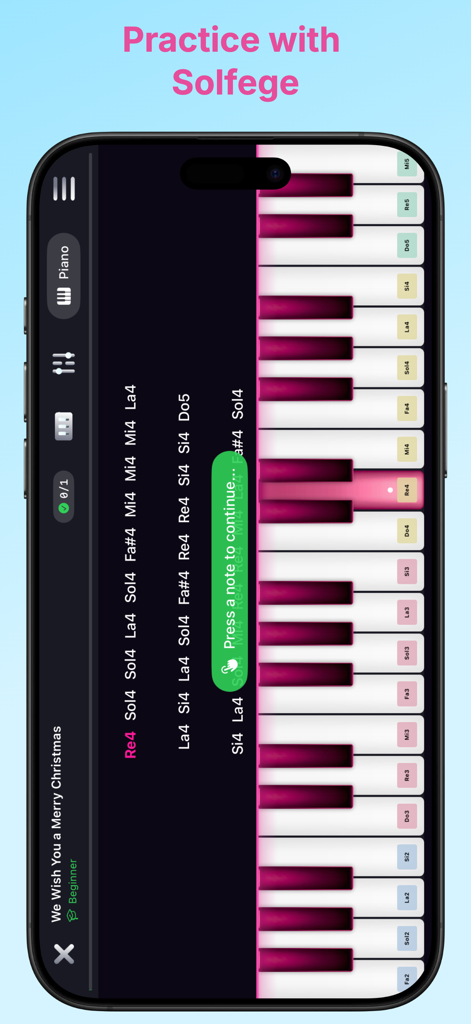 Hi Piano - Hi Piano app interface for practicing music using solfege notes