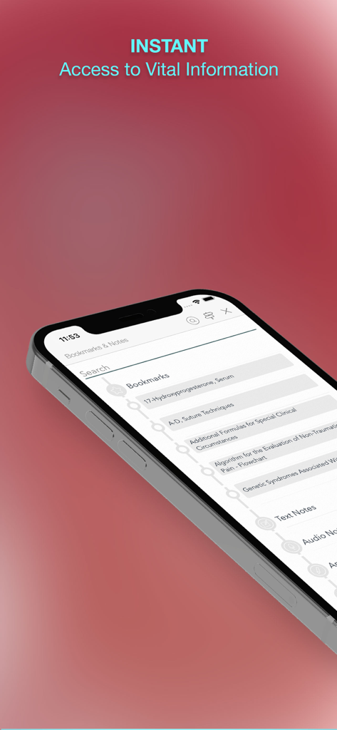 Harriet Lane Handbook app interface showing bookmarks and notes for pediatric medical reference