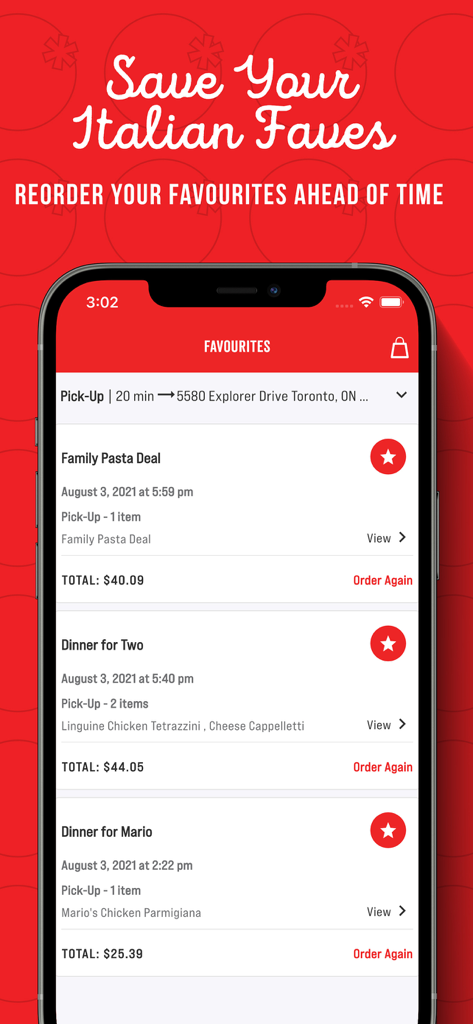 East Side Marios - A mobile interface for the East Side Marios app displaying a list of saved favorite orders for quick reordering