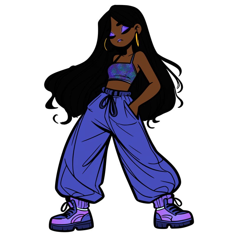 girl in baggy pants crop top and long hair