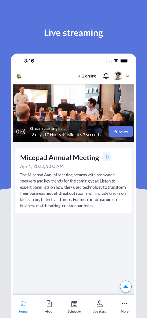 Micepad - Micepad app home screen showing live streaming details for an annual business meeting