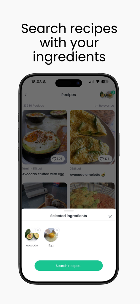 MyRealFood: Diet and recipes - MyRealFood app interface showing a recipe search based on selected ingredients like avocado and egg