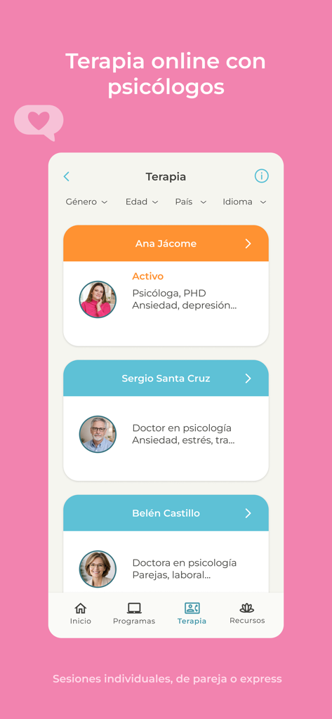 Starbien App - Interface do aplicativo Starbien mostrando uma lista de psicólogos online disponíveis para sessões de terapia individual ou de casal em espanhol.