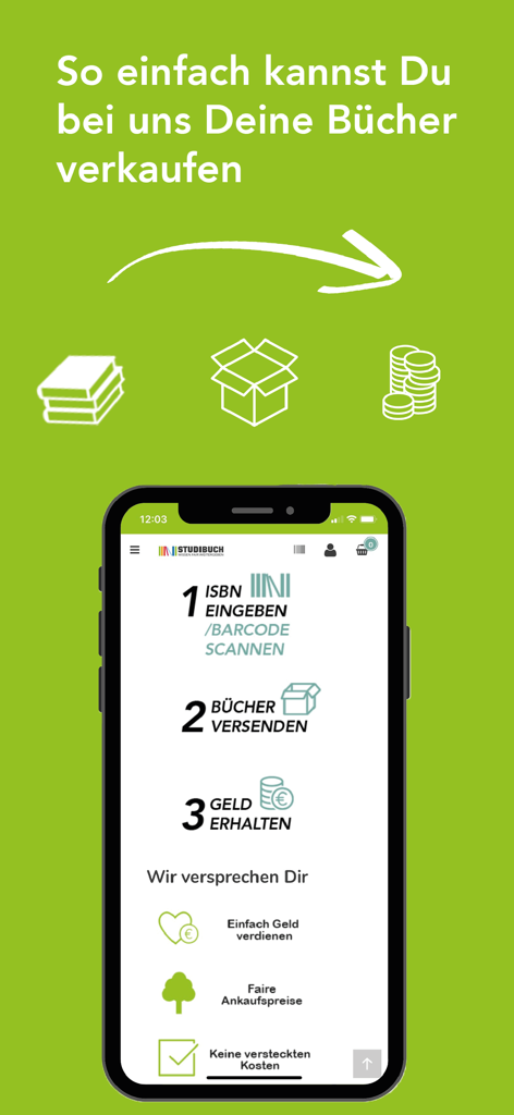 Studibuch. Dein Fachbuchankauf - Process overview of selling textbooks on Studibuch app showing scan ship and get paid steps