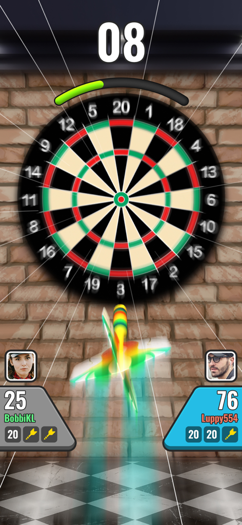 Darts Club - Dart Board Game - Una captura de pantalla del juego 3D de una partida de dardos PvP en Darts Club, mostrando un dardo volando hacia la diana.