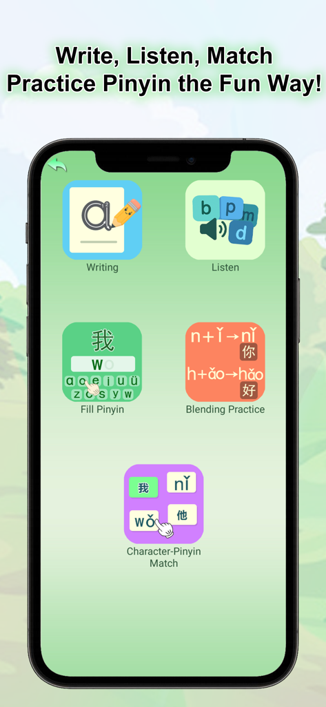 Pinyin Academy-Fun with Pinyin - Main menu of the Pinyin Academy app showing interactive Chinese learning modules like Writing, Listening, and Matching.