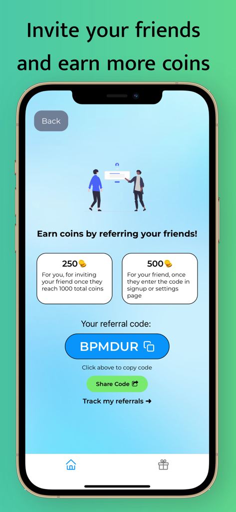 Walk Earn Step Counter Walkify - Página de referencia en la aplicación Walkify mostrando cómo ganar monedas invitando amigos.